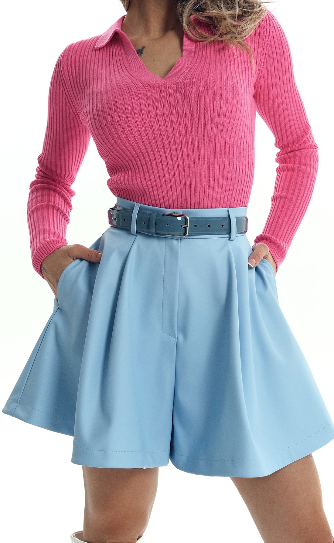 Женская шорты-юбка эко-кожа голубой