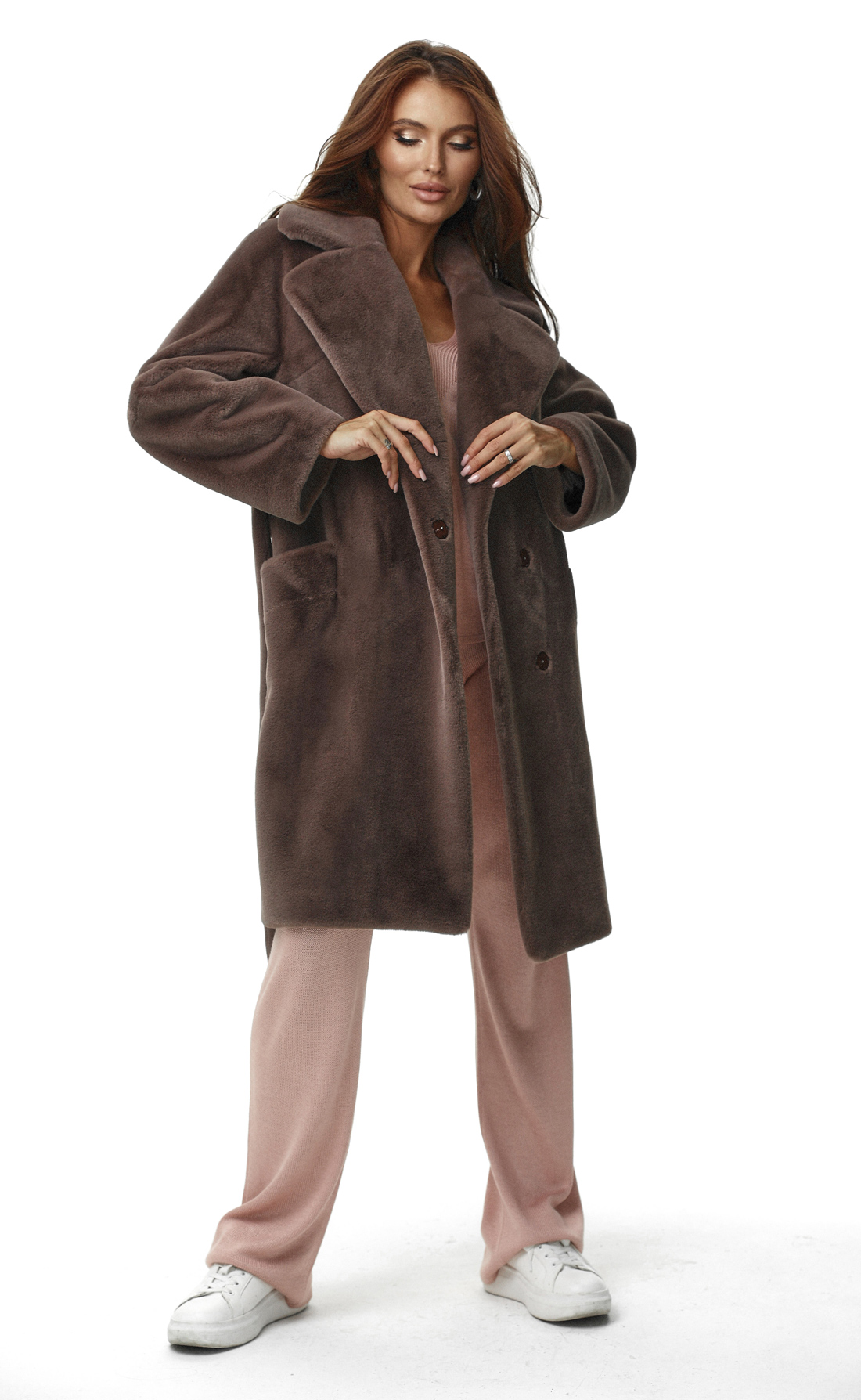 Пальто эко-мех с карманами капучино