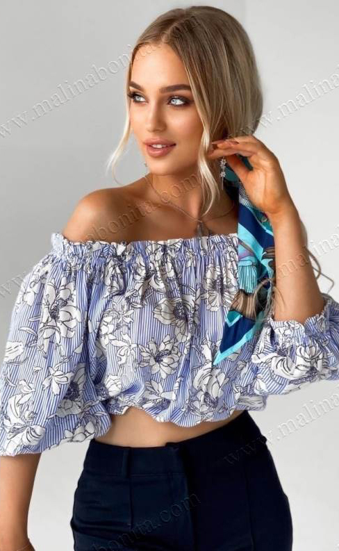 Блуза, открытые плечи, полоска, цветы, голубой, Размер: 42 S
