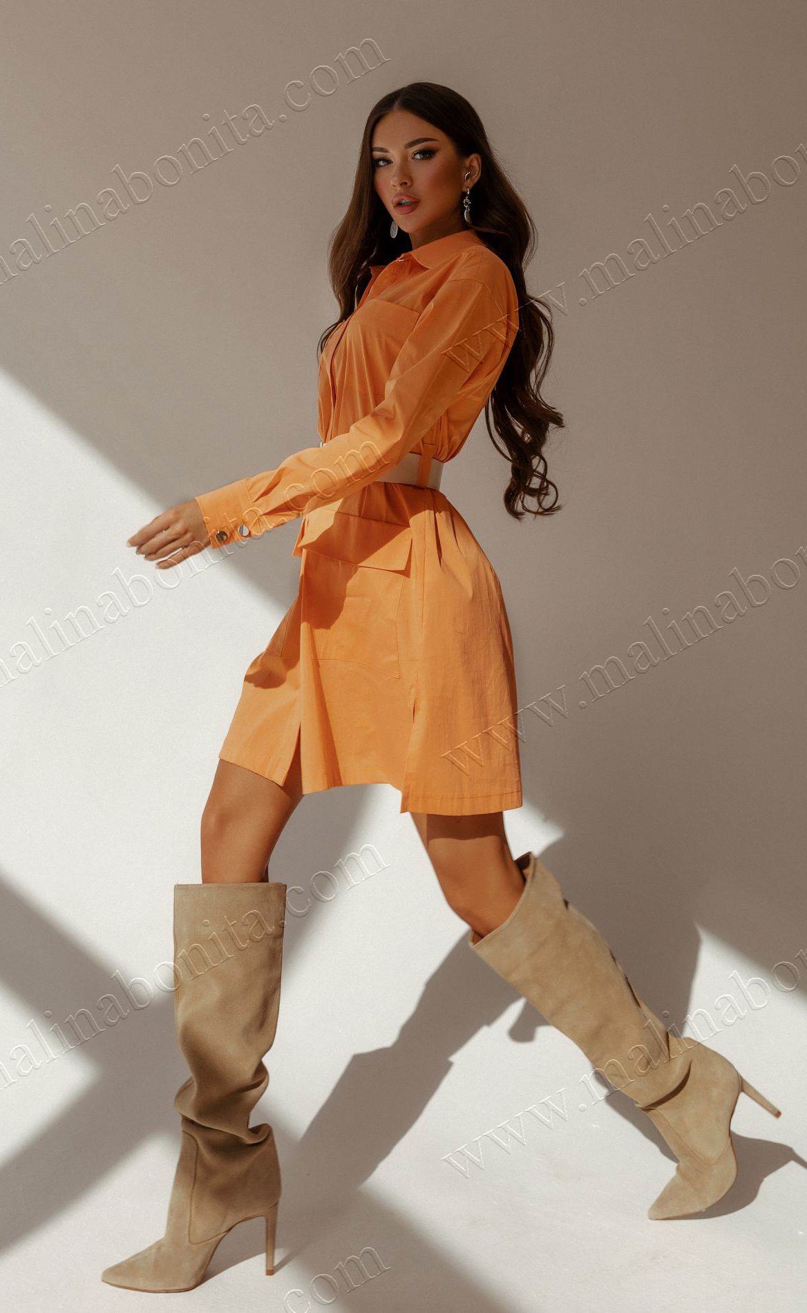 Платье-рубашка, с поясом, оранж, Размер: 42 S