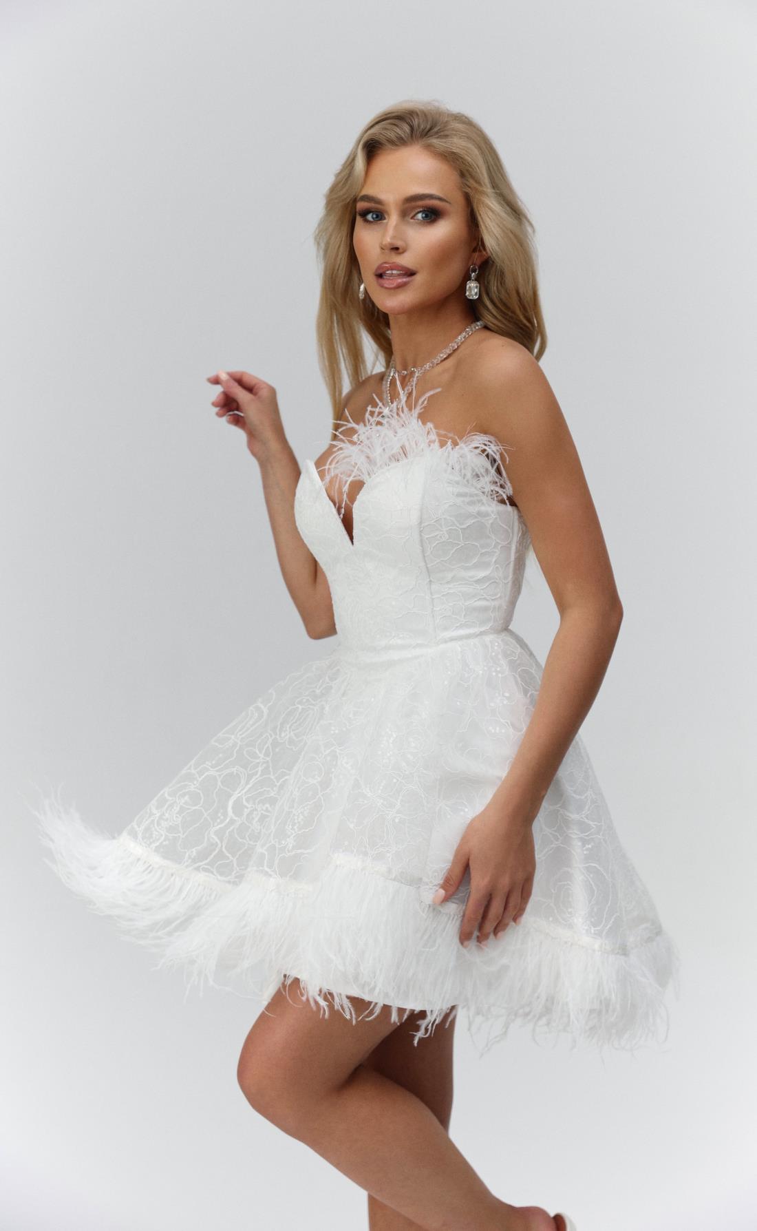 Платье мини Трейс с перьями белый, Размер: 42 S