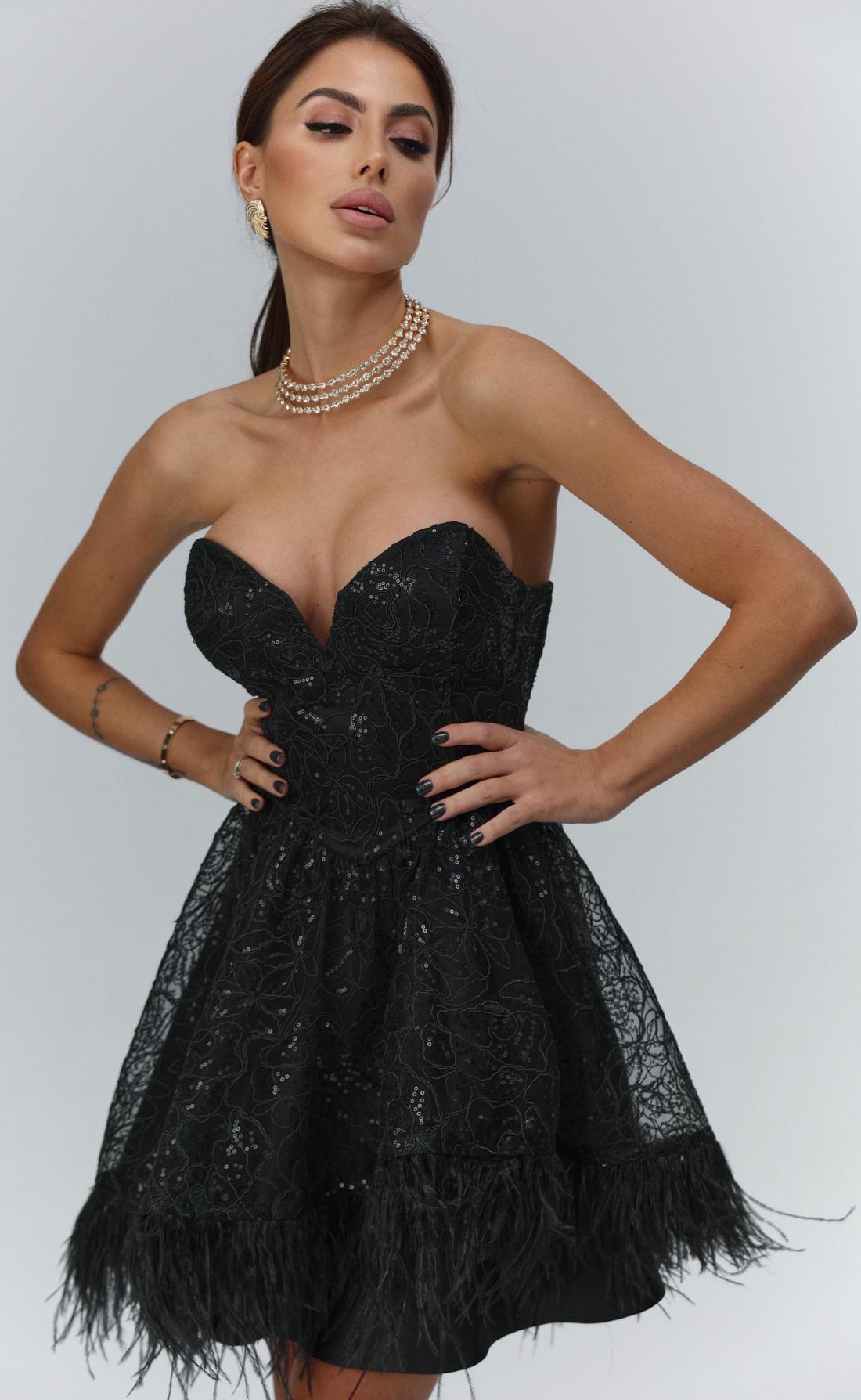 Платье мини Трейс с перьями черный, Размер: 40 XS