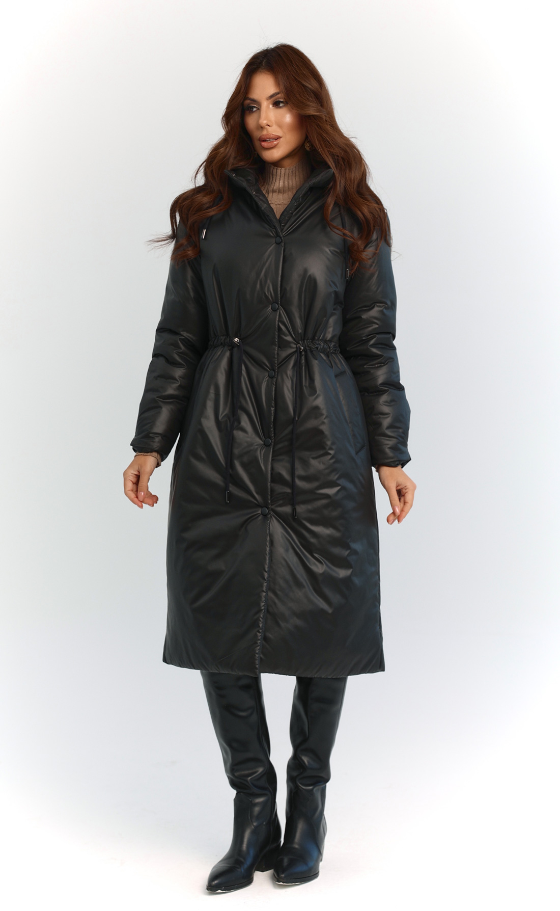 Пальто миди утепленное на кулиске с капюшоном черный, Размер: 40 XS