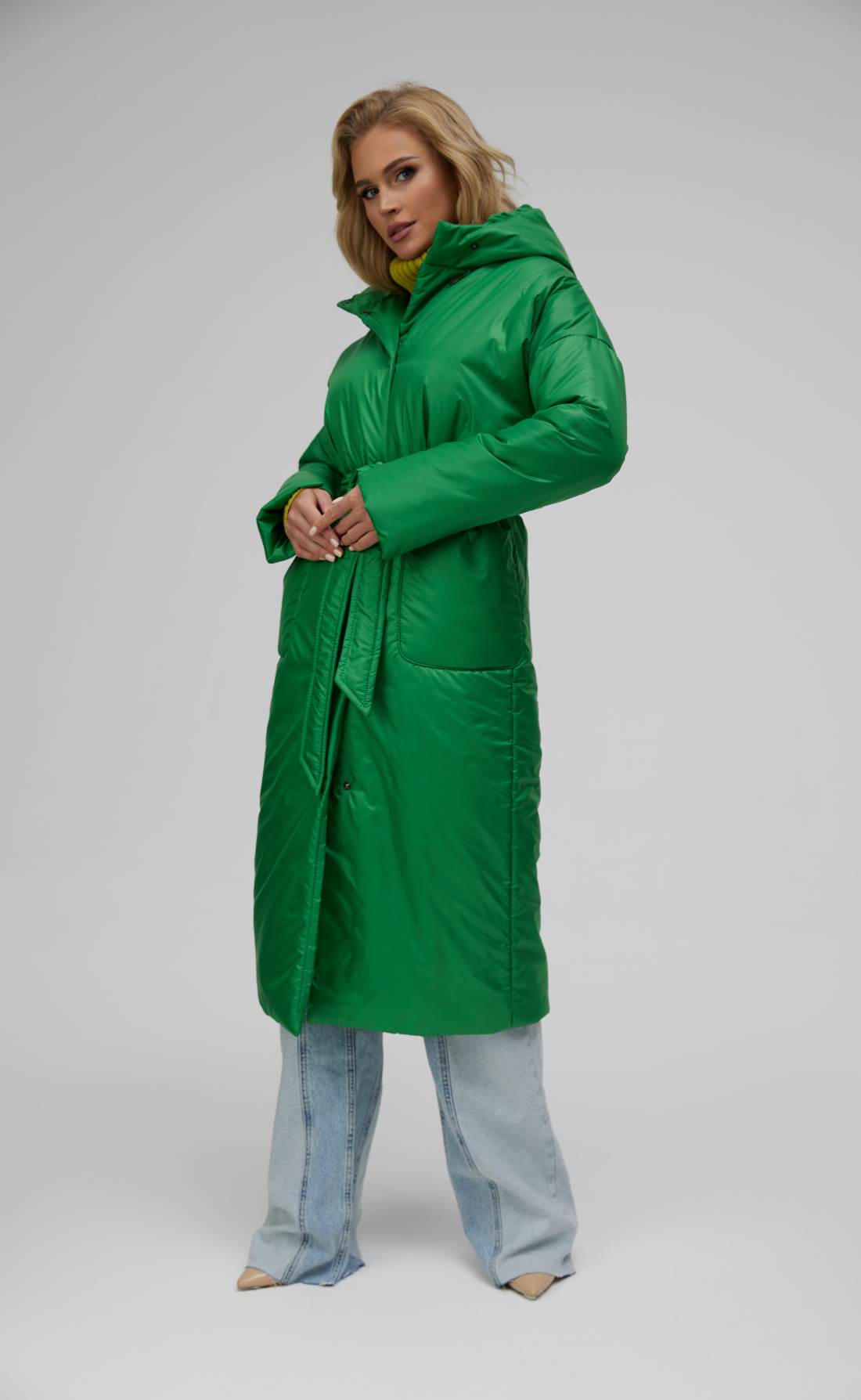 Пальто миди утепленное с карманами и капюшоном зеленый, Размер: 42 S