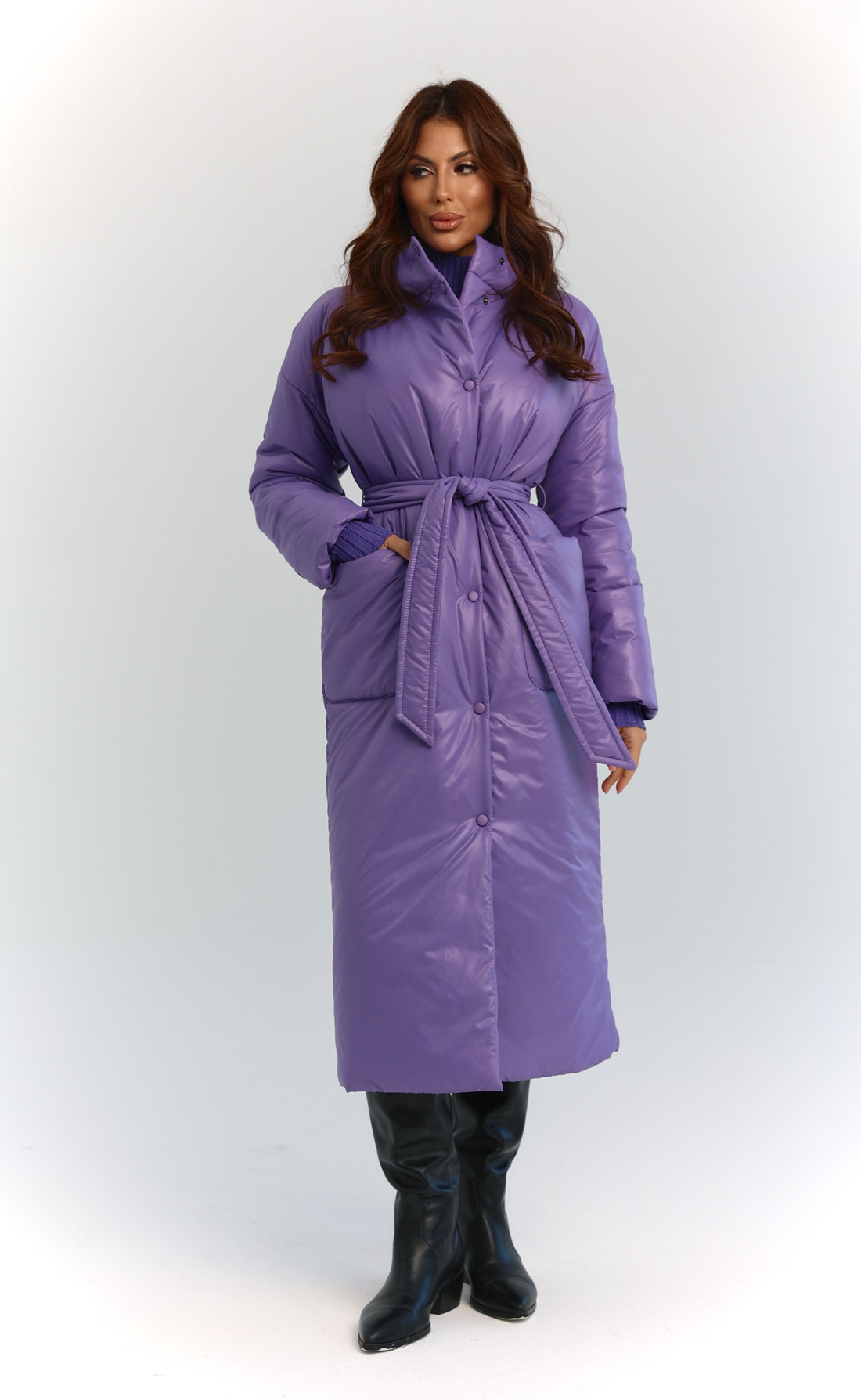 Пальто миди утепленое с карманами и капюшоном лаванда, Размер: 40 XS
