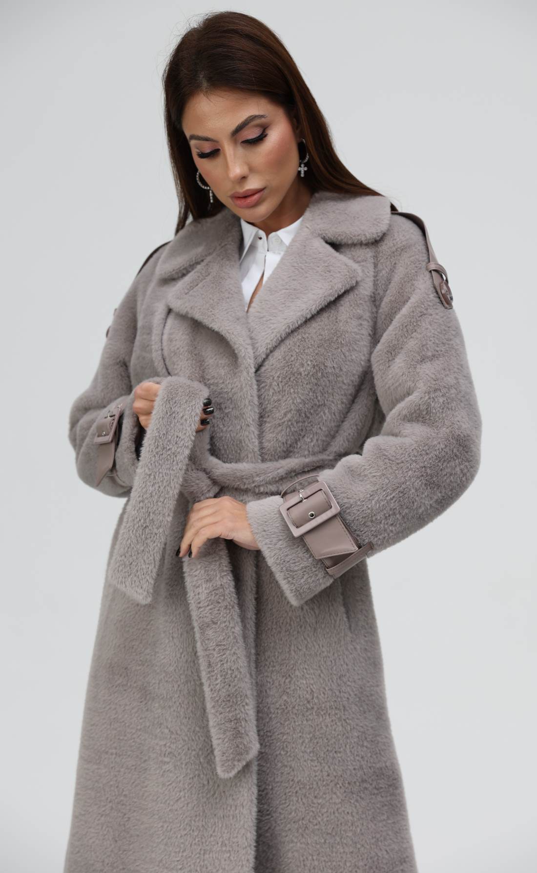 Пальто эко-мех зима с кокеткой серый, Размер: 40 XS