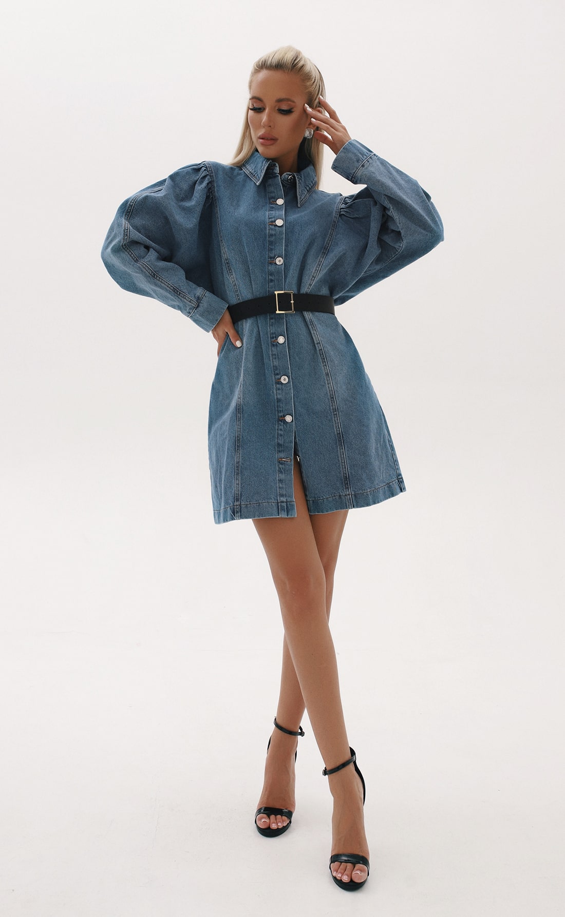 Платье мини джинсовое с объемными рукавами синий, Размер: 46 L