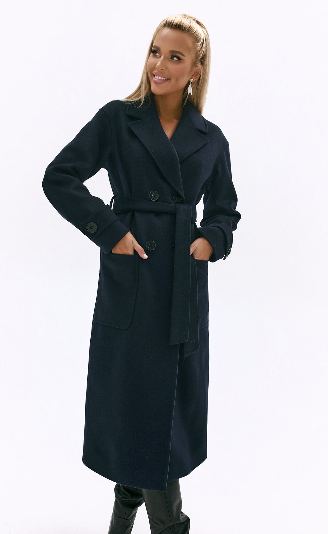 Пальто длинное двубортное с карманами темно-синий, Размер: 40 XS