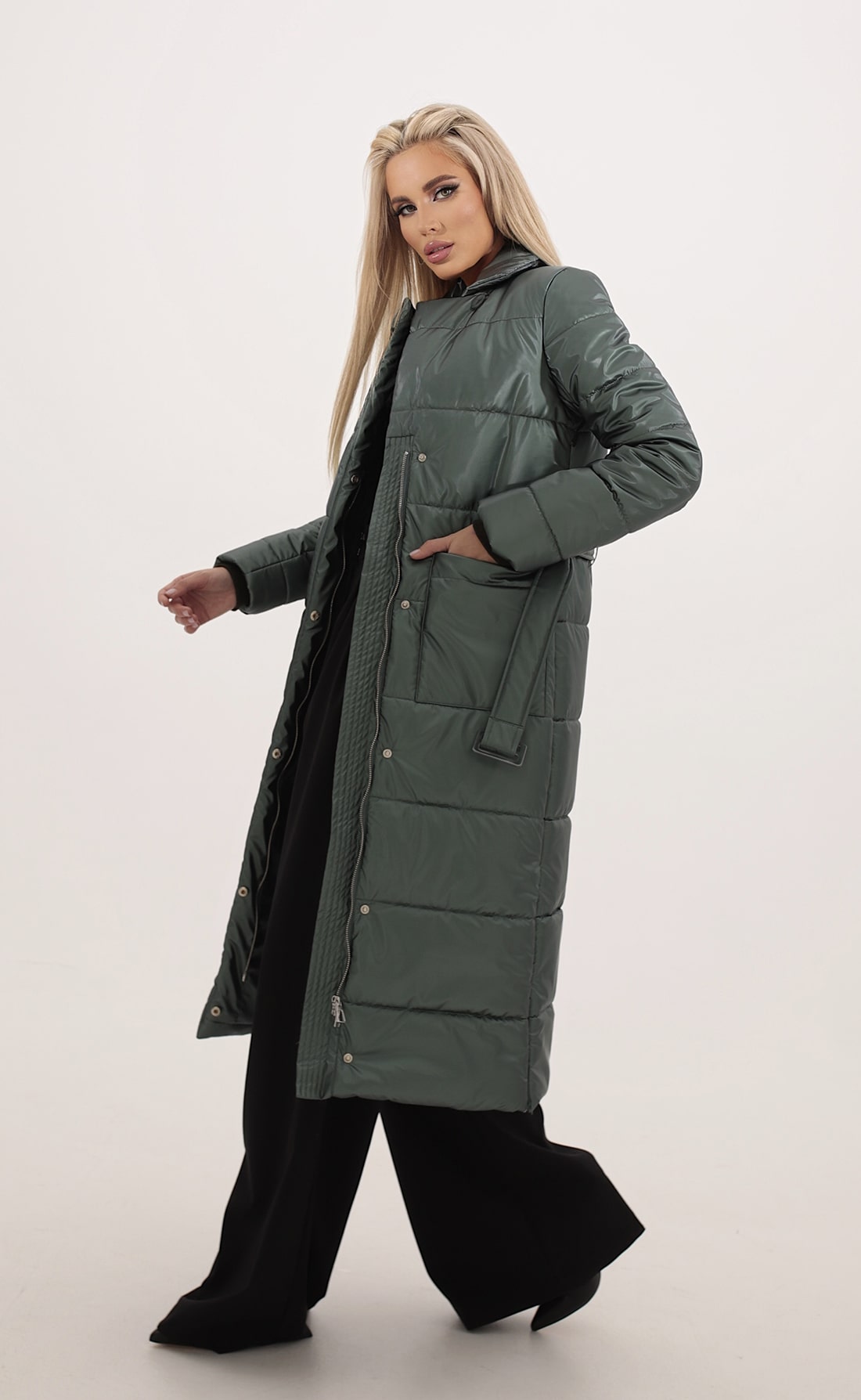 Пальто утепленное накладные карманы патиново-зеленый, Размер: 40 XS
