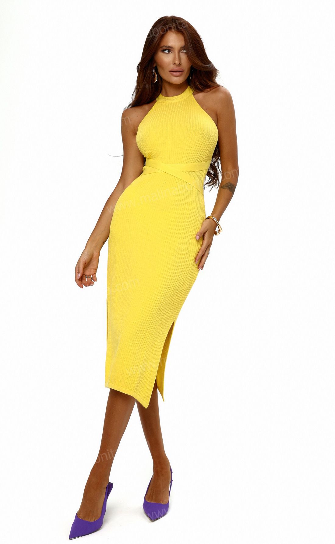 Платье миди с открытой спинкой трикотаж желтый, Размер: 44 M