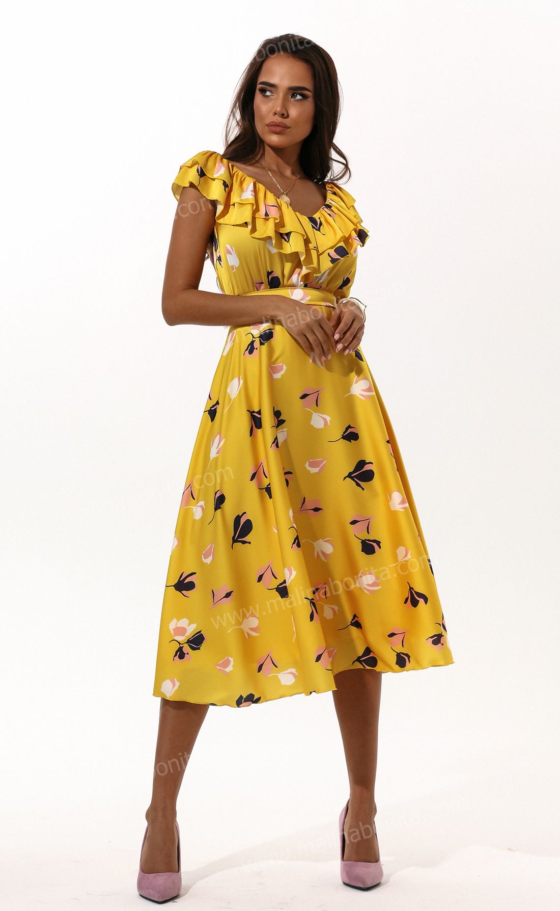 Платье миди, "Мимоза", с принтом, желтый, Размер: 40 XS