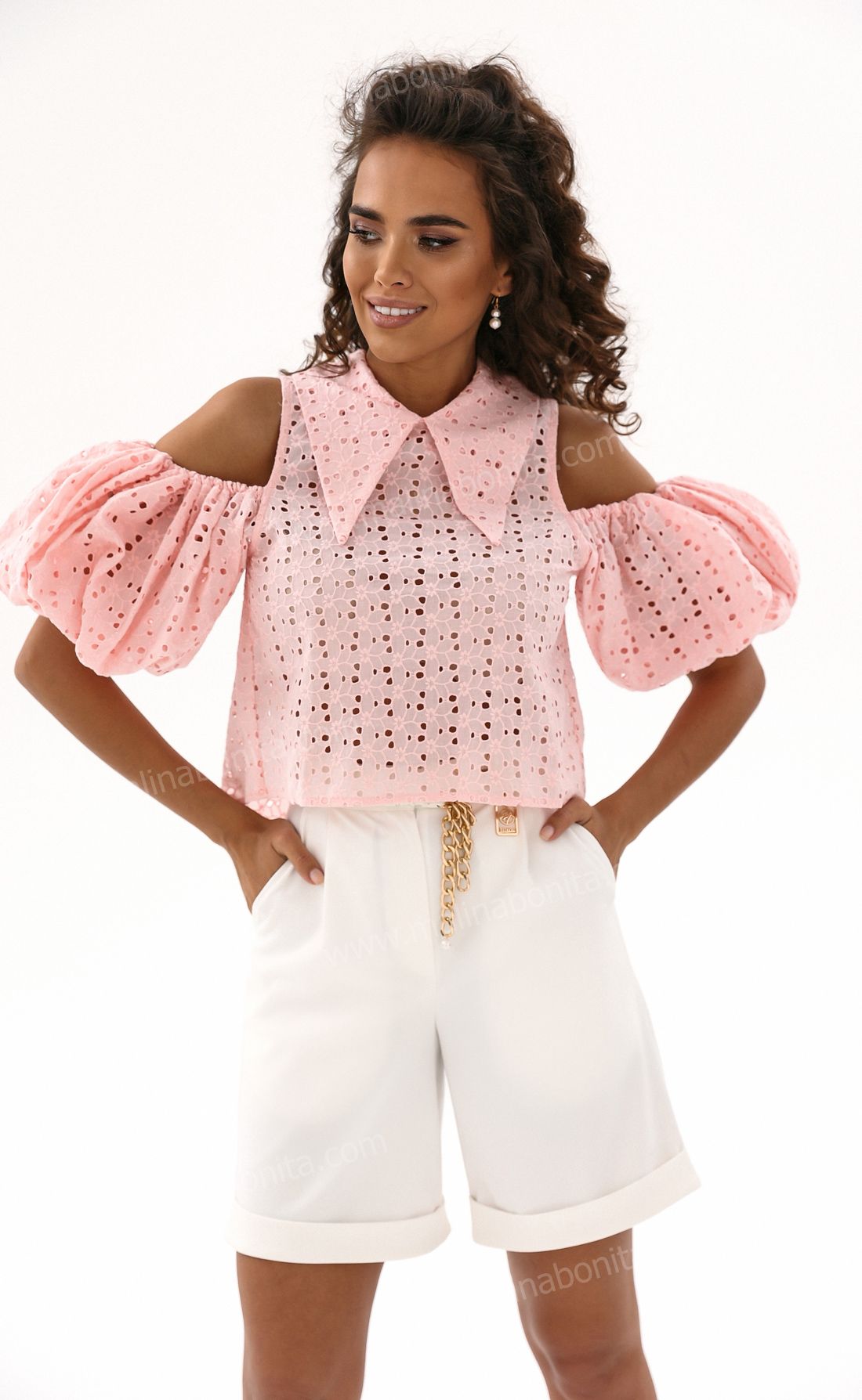 Блуза с открытыми плечами Холли шитье пудра, Размер: 44 M