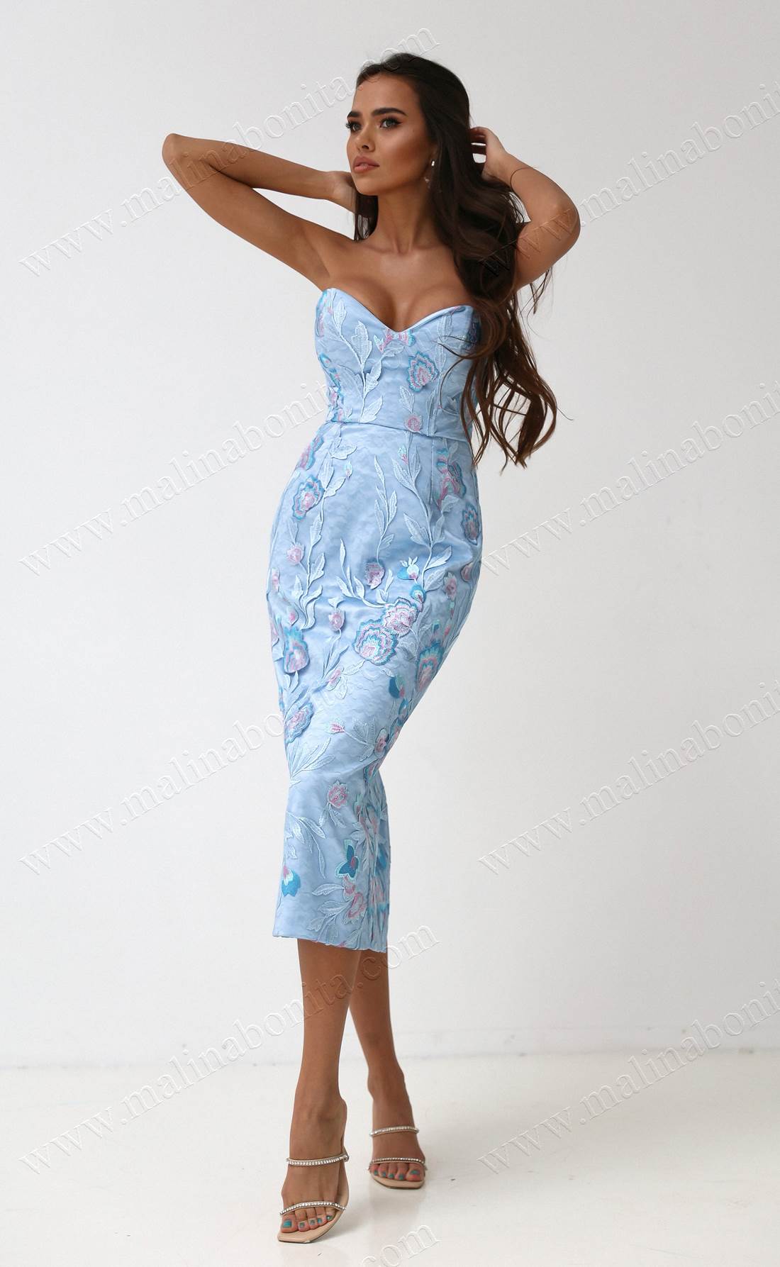 Голубое платье-бюстье с объемными цветами, Размер: 42 S