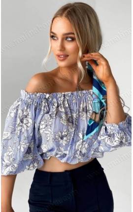 Блуза, открытые плечи, полоска, цветы, голубой, Размер: 44 M