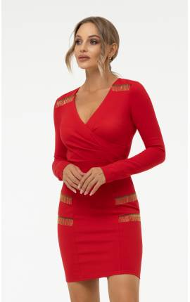 Платье мини трикотаж с бахромой красный, Размер: 40 XS