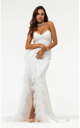 Платье в пол бюстье с декоративным пером белый, Размер: 40 XS
