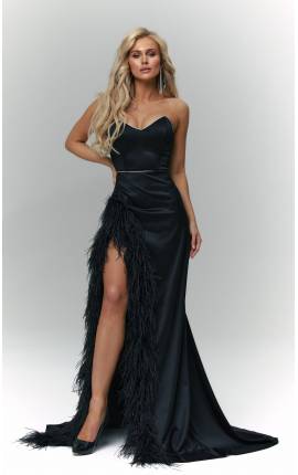 Платье в пол бюстье с декоративным пером черный, Размер: 46 L