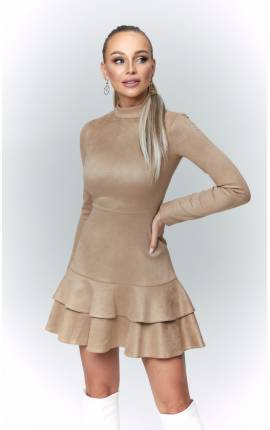 Платье мини с воланом эко-замша Шелби карамель, Размер: 48 XL