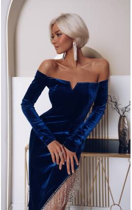 Платье миди с открытыми плечами бархат Кэрнс синий, Размер: 40 XS