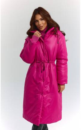 Пальто миди утепленное на кулиске с капюшоном фуксия, Размер: 40 XS