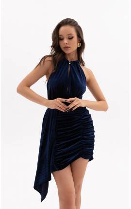 Платье мини со сборкой бархат синий, Размер: 42 S