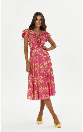 Платье-халат с воланом принт листья розовый, Размер: 46 L