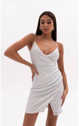 Платье мини на запах пайетки белый, Размер: 40 XS