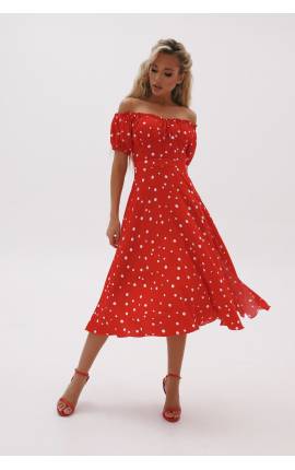 Платье миди Этель с корсетным поясом в горох красный, Размер: 46 L