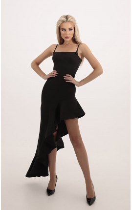 Платье миди с асимметричной юбкой с воланом черный, Размер: 40 XS
