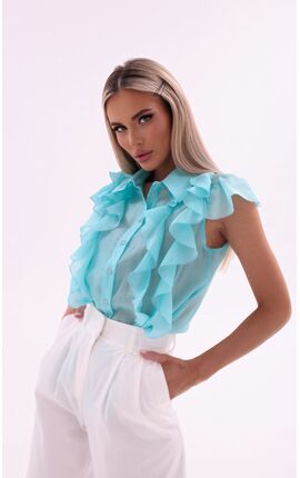 Блуза с коротким рукавом воланы бирюзовый, Размер: 48 XL