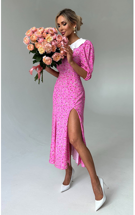 Платье миди из штапеля со съемным воротником розовый, Размер: 40 XS