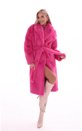 Пальто эко-мех спущенный рукав ярко-розовый, Размер: 42 S