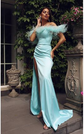 Платье в пол с боа Медуэй голубой, Размер: 40 XS