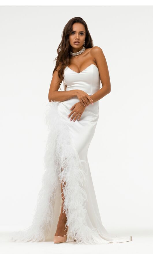 Платье в пол бюстье с декоративным пером белый, Размер: 40 XS