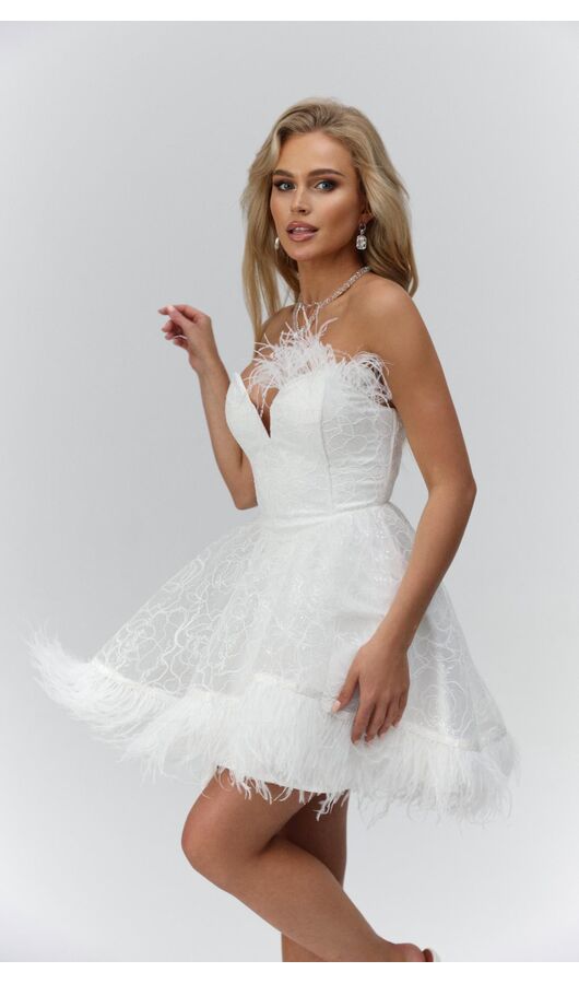 Платье мини Трейс с перьями белый , Размер: 44 M