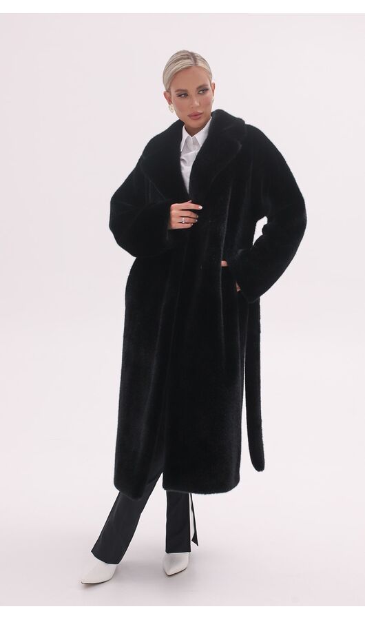 Пальто эко-мех цельнокроенный рукав чёрный , Размер: 44 M