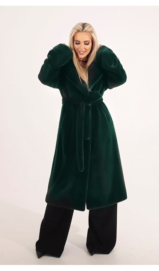 Пальто эко-мех цельнокроенный рукав темно-зеленый , Размер: 44 M