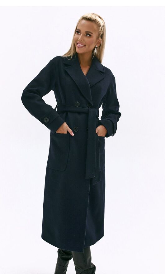 Пальто длинное двубортное с карманами темно-синий , Размер: 48 XL