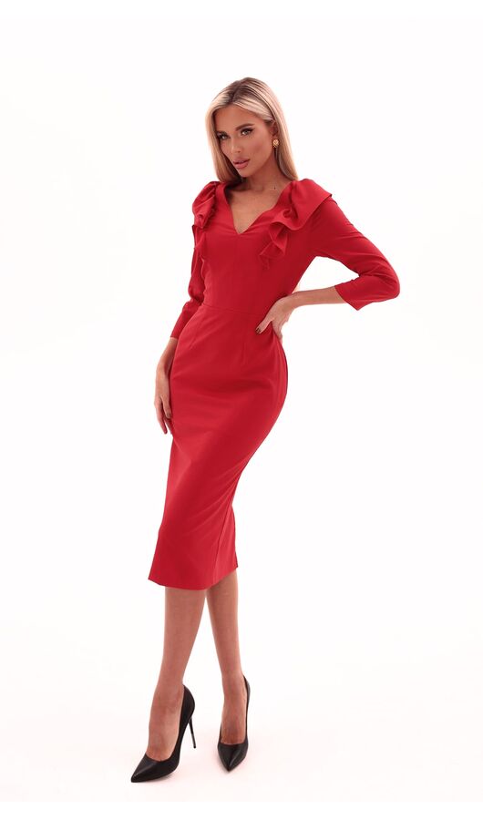 Платье-футляр с воланами на плечах красный, Размер: 40 XS